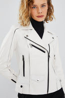 Bella Women's White Slim-Fit Biker Leather Jacket | Derimod