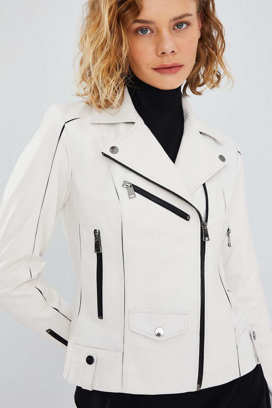 Bella Women's White Slim-Fit Biker Leather Jacket
