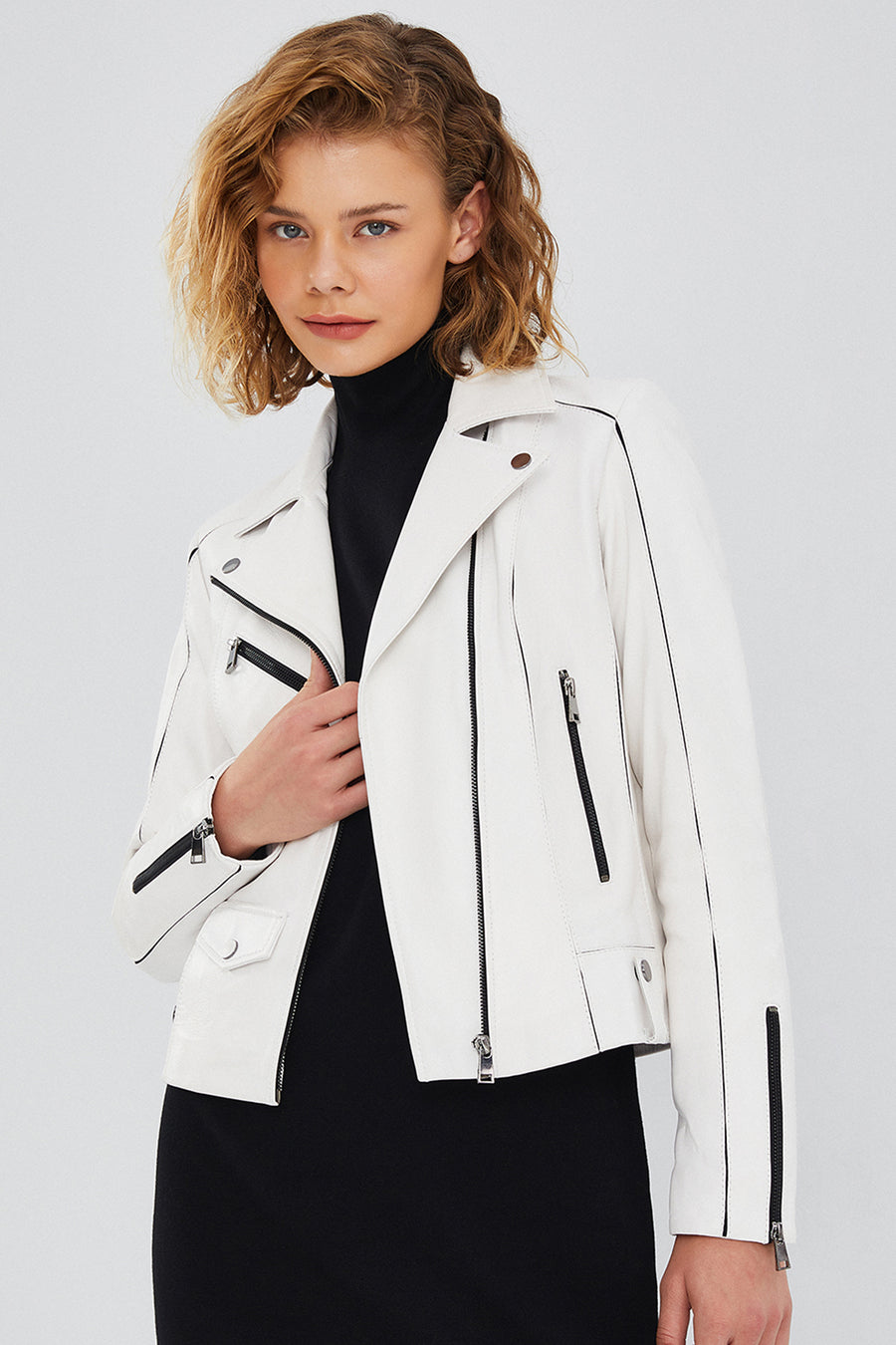 Bella Women's White Slim-Fit Biker Leather Jacket