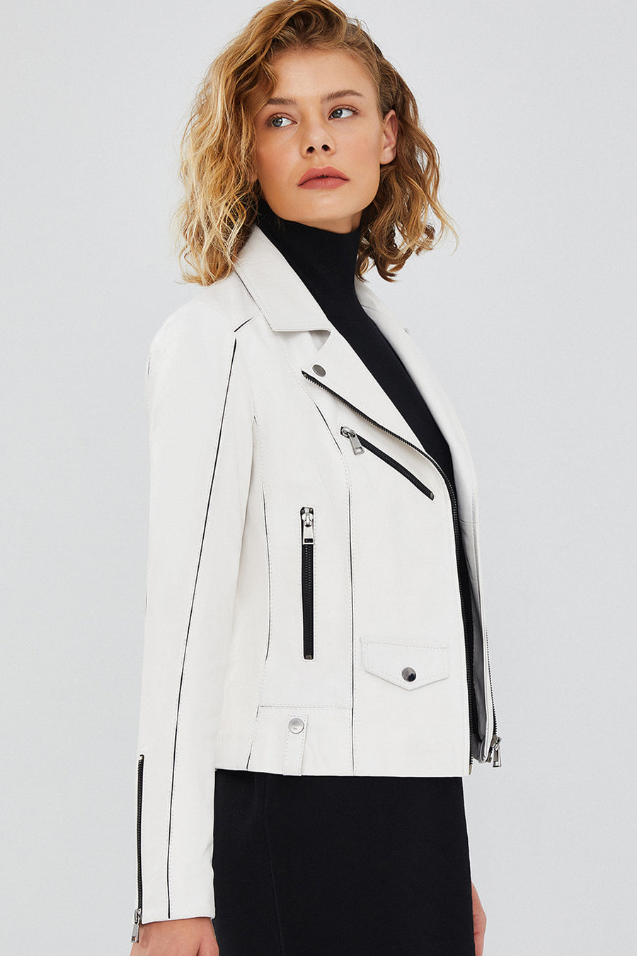 Bella Women's White Slim-Fit Biker Leather Jacket