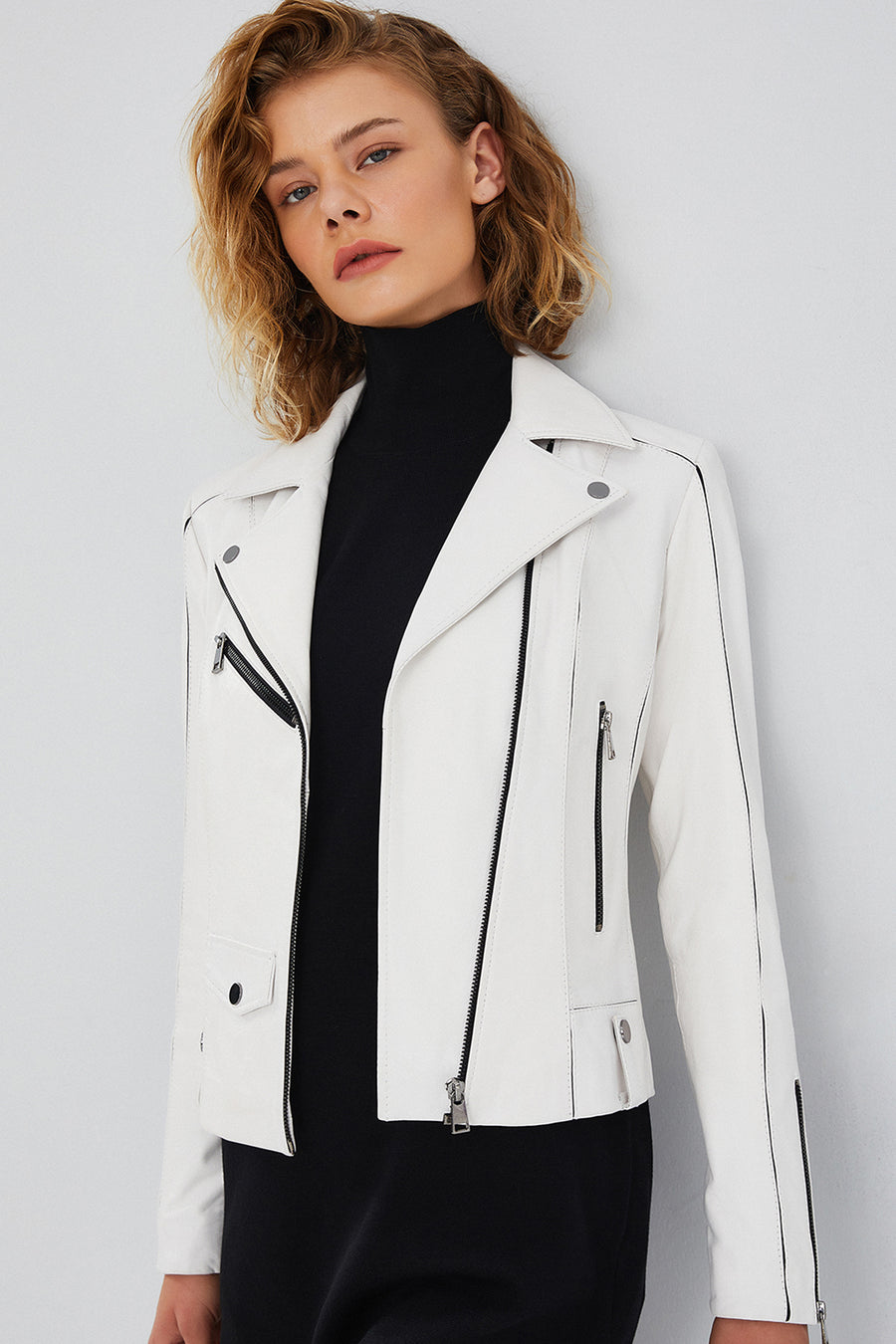 Bella Women's White Slim-Fit Biker Leather Jacket