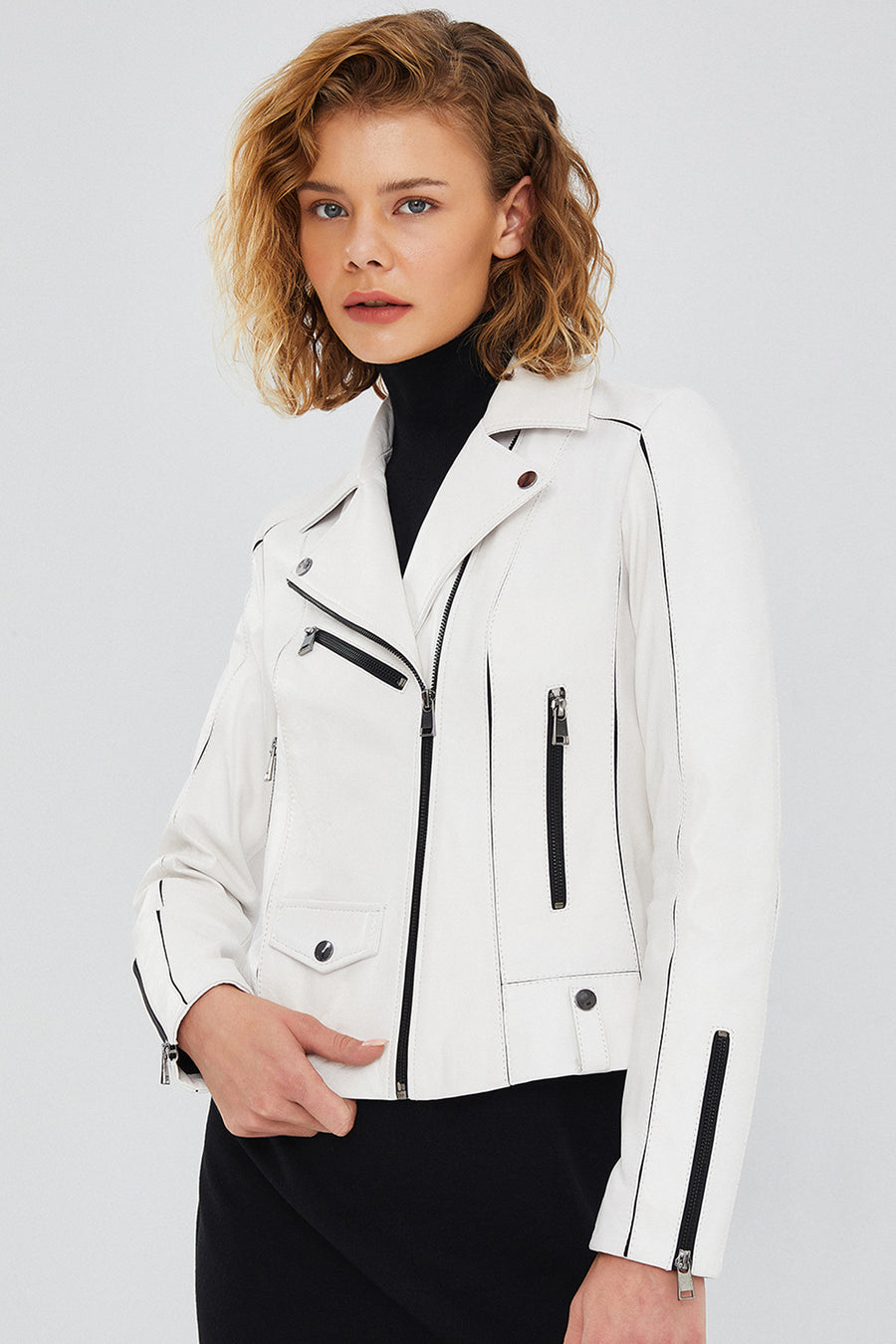 Bella Women's White Slim-Fit Biker Leather Jacket