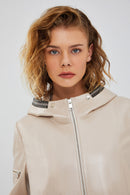 Chantal Kadın Bej Kapüşonlu Deri Kaban | Derimod