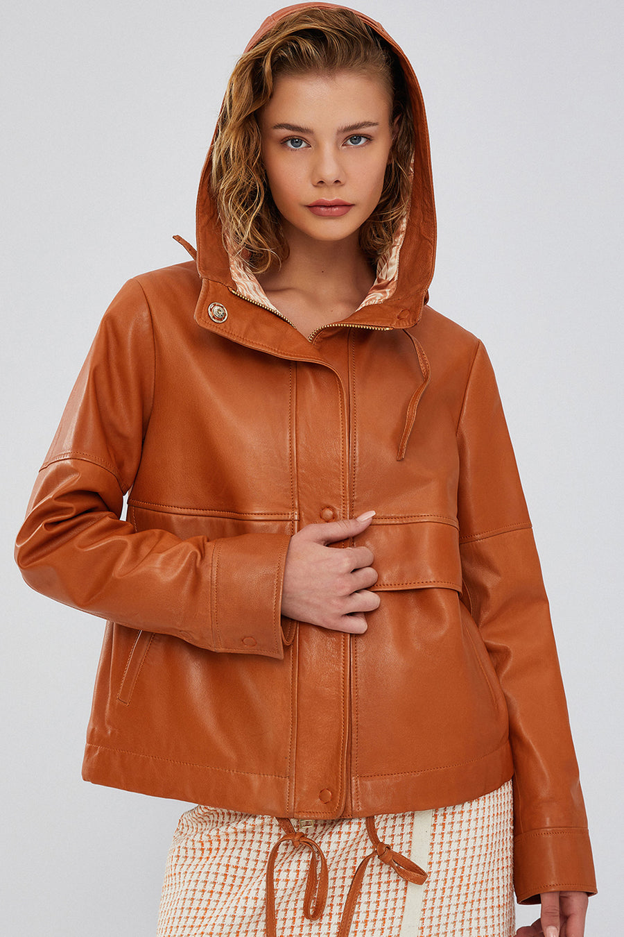 Shelly Women's Orange Oversize Hooded Leather Jacket