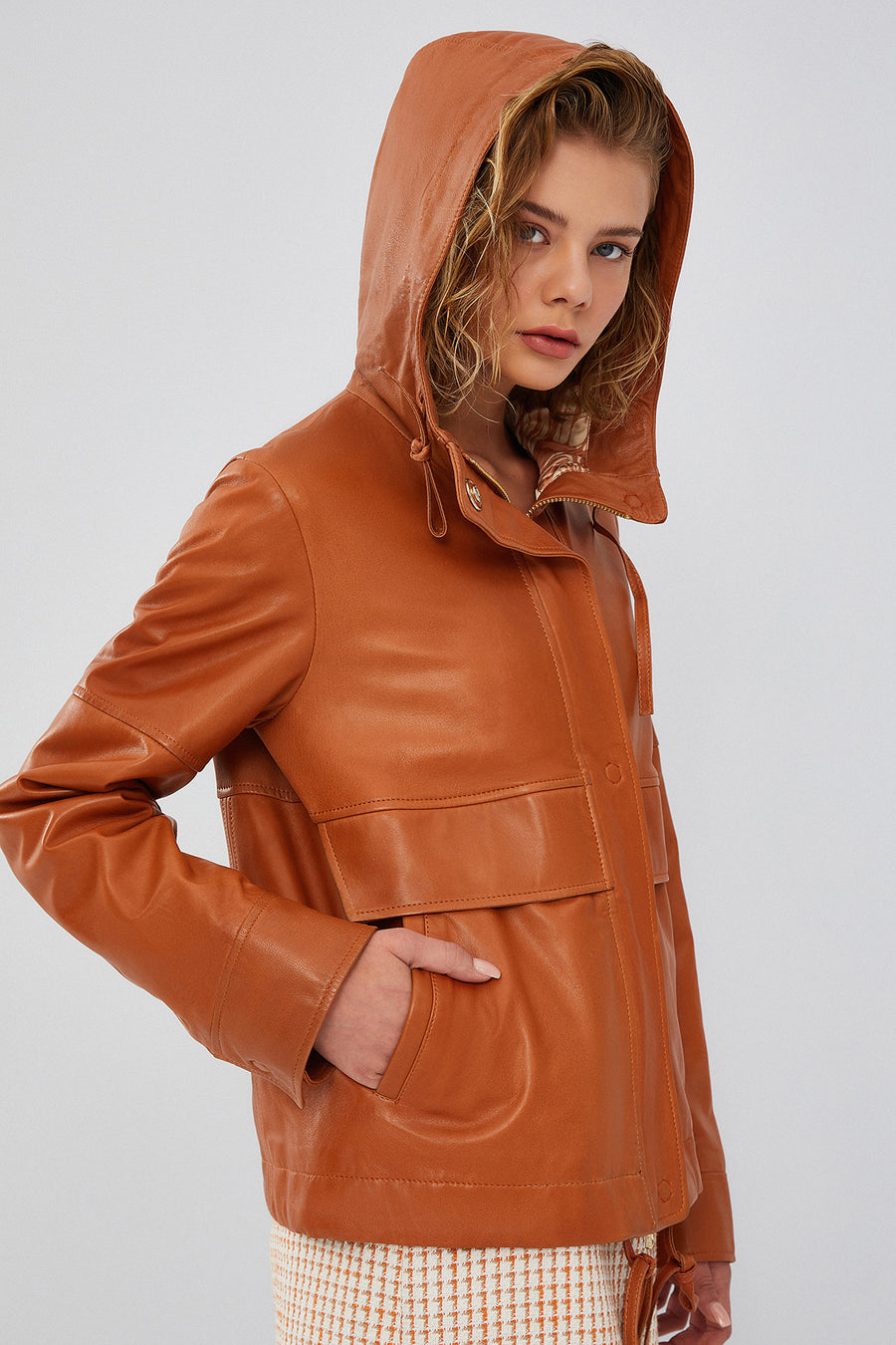 Shelly Women's Orange Oversize Hooded Leather Jacket