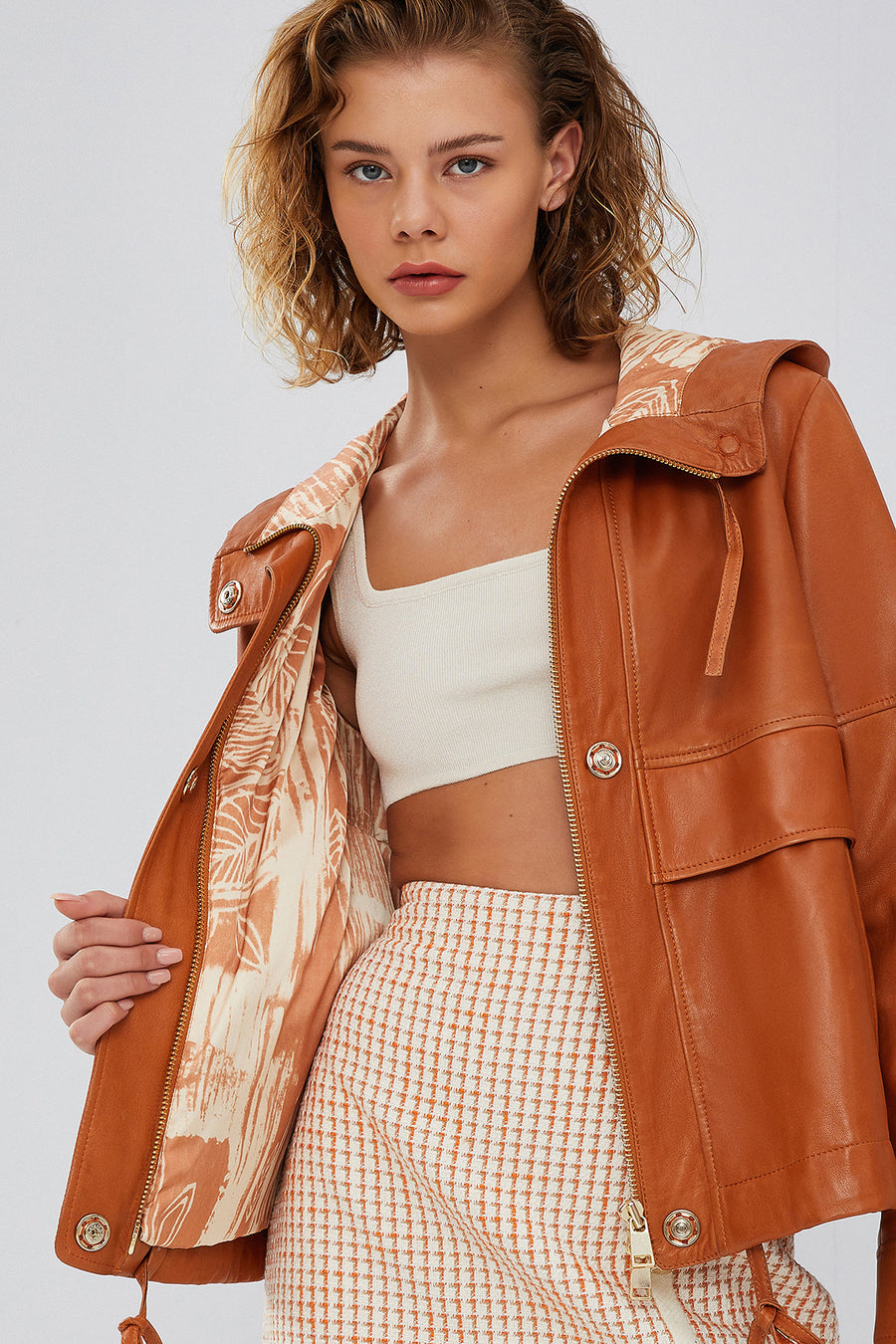 Shelly Women's Orange Oversize Hooded Leather Jacket