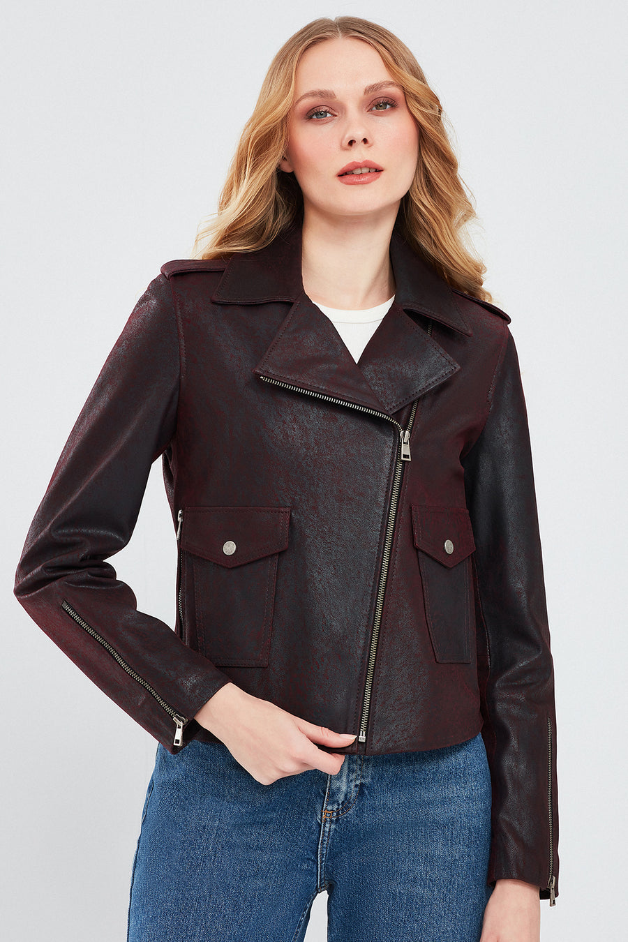 Amor Kadın Bordo Biker Deri Ceket