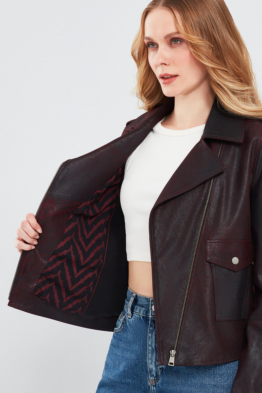 Amor Kadın Bordo Biker Deri Ceket