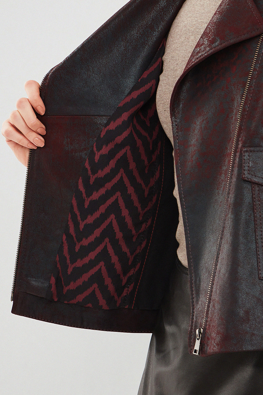 Amor Kadın Bordo Biker Deri Ceket