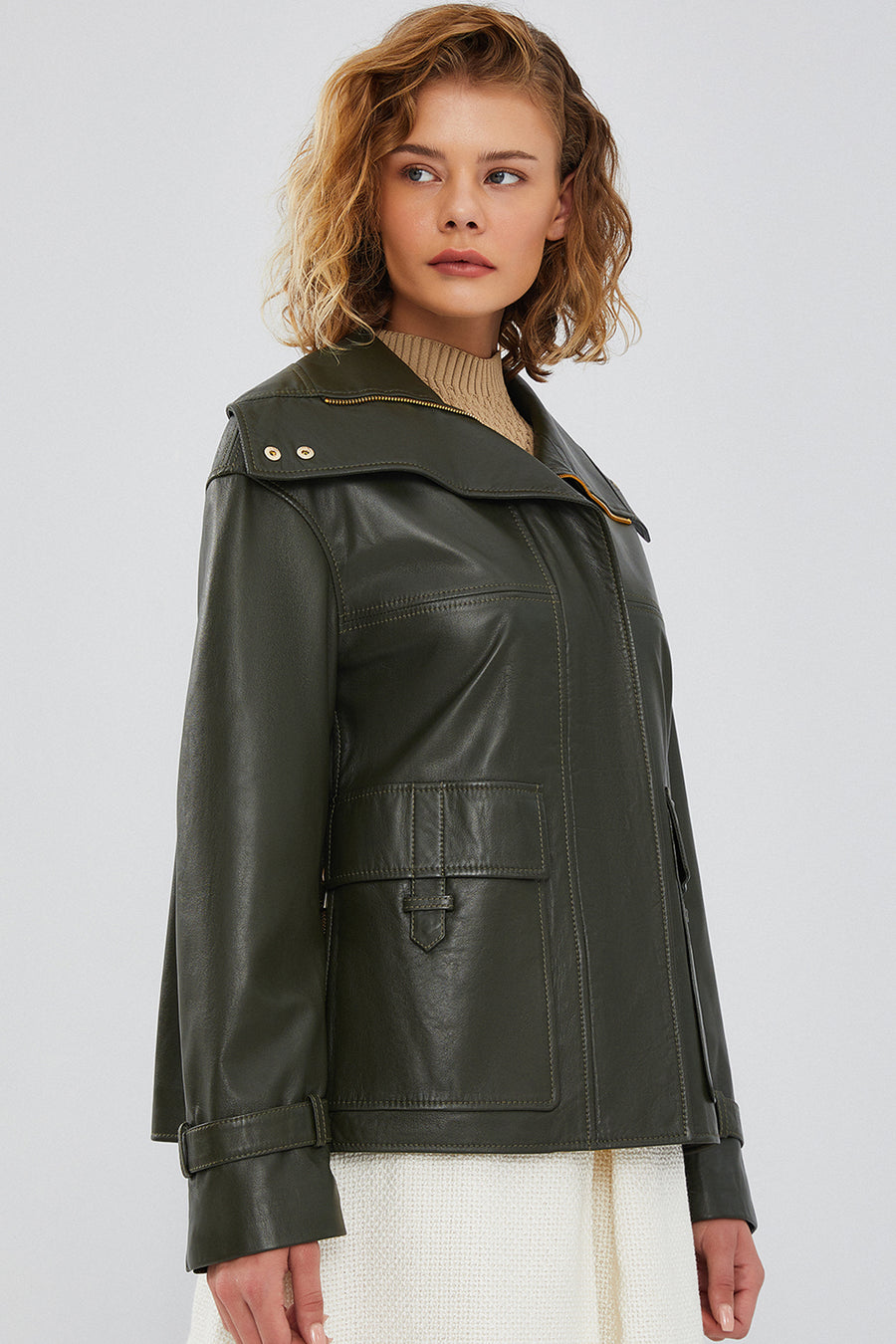 Simona Kadın Yeşil Oversize Deri Ceket