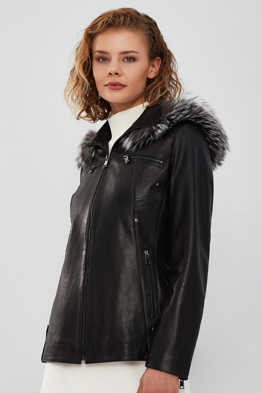 Audrey Women's Black Hooded Furry Leather Coat