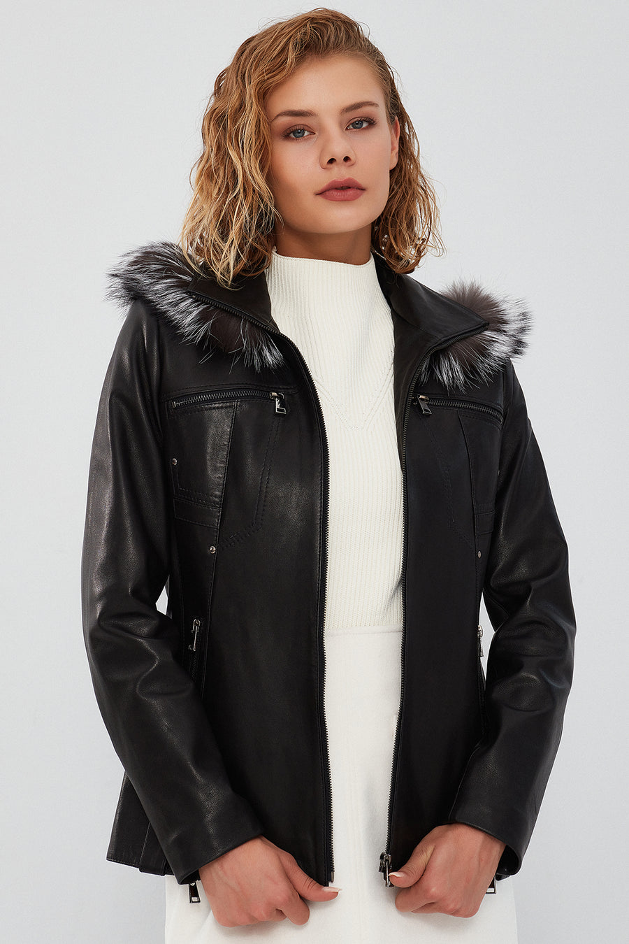 Audrey Women's Black Hooded Furry Leather Coat