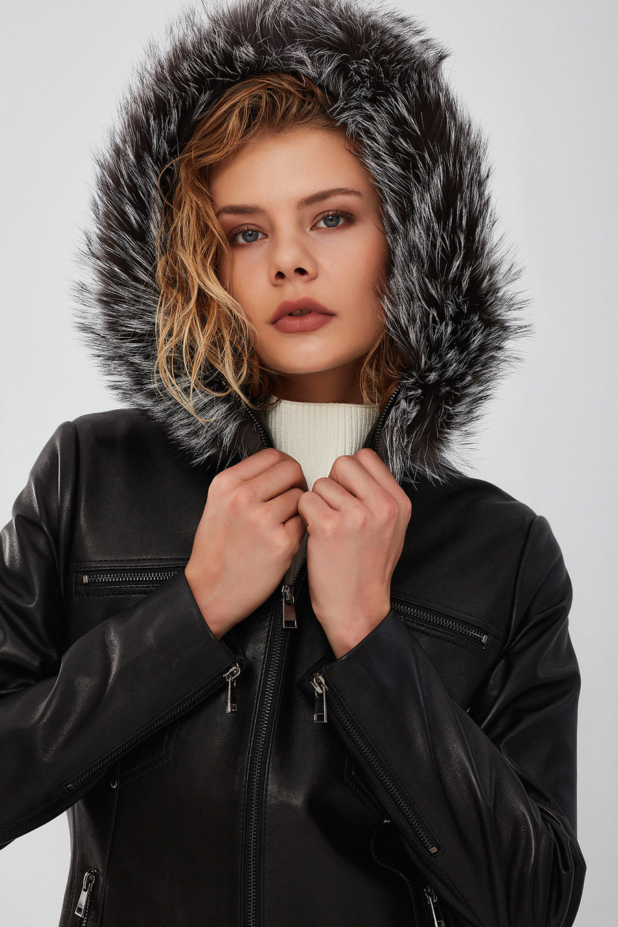Audrey Women's Black Hooded Furry Leather Coat