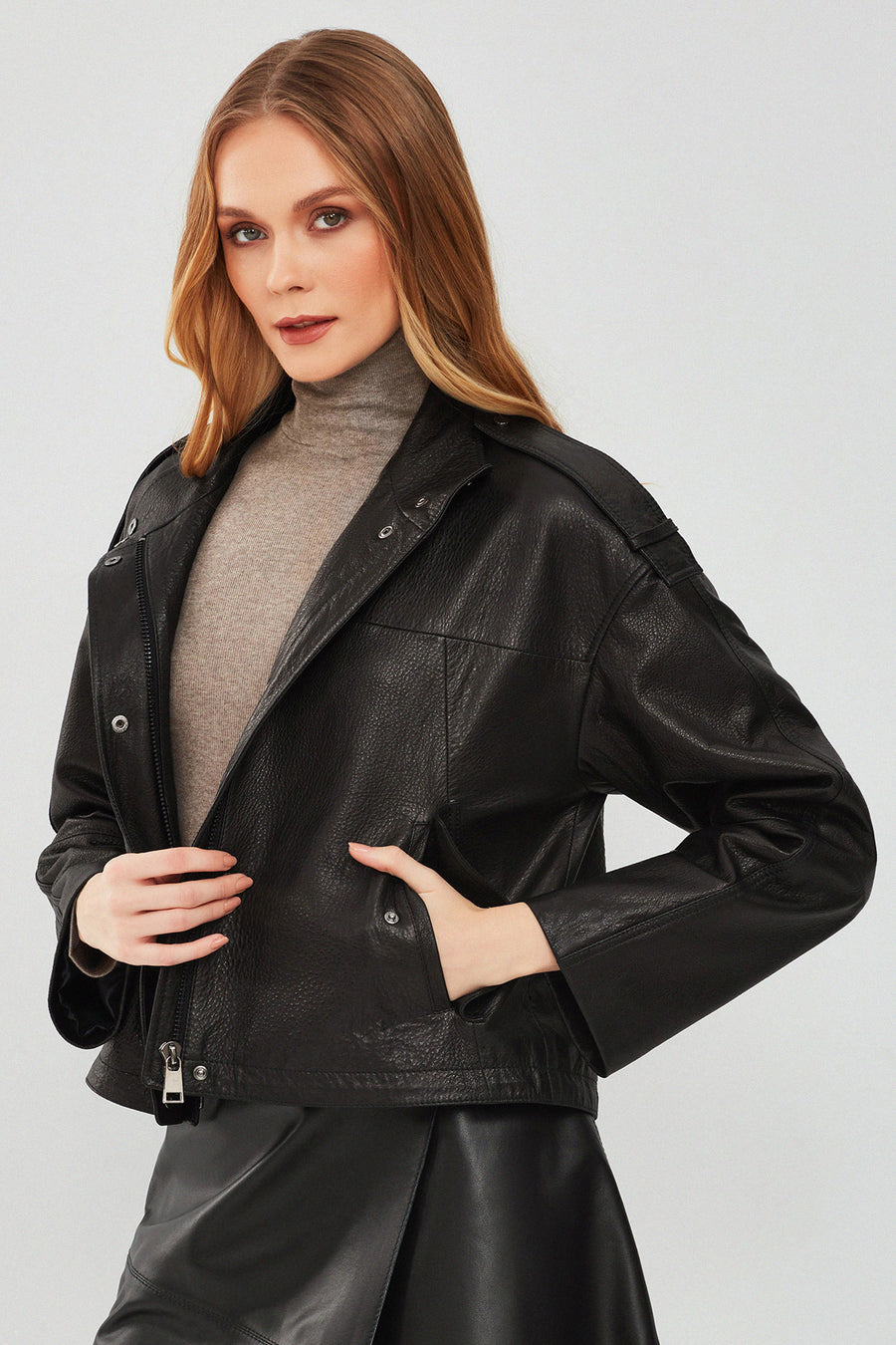 Cassy Kadın Siyah Oversize Deri Ceket