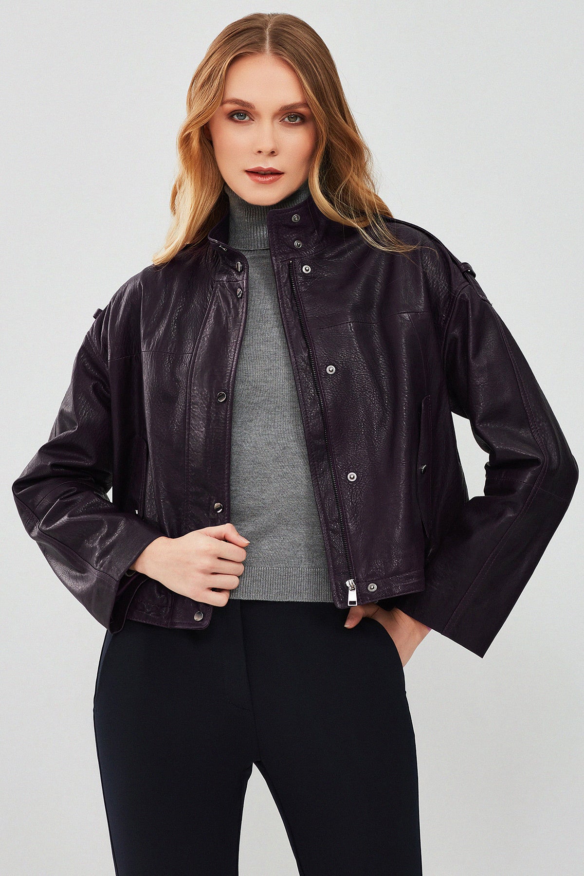 Cassy Kadın Mor Oversize Deri Ceket 23WGD51279M | Derimod