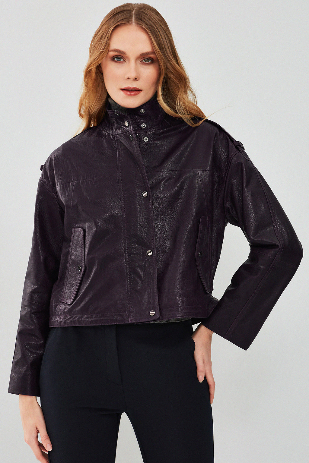 Cassy Kadın Mor Oversize Deri Ceket