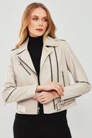 London Women's Beige Biker Leather Jacket | Derimod