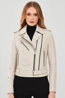 London Women's Beige Biker Leather Jacket | Derimod