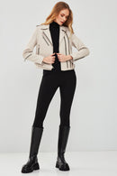 London Women's Beige Biker Leather Jacket | Derimod