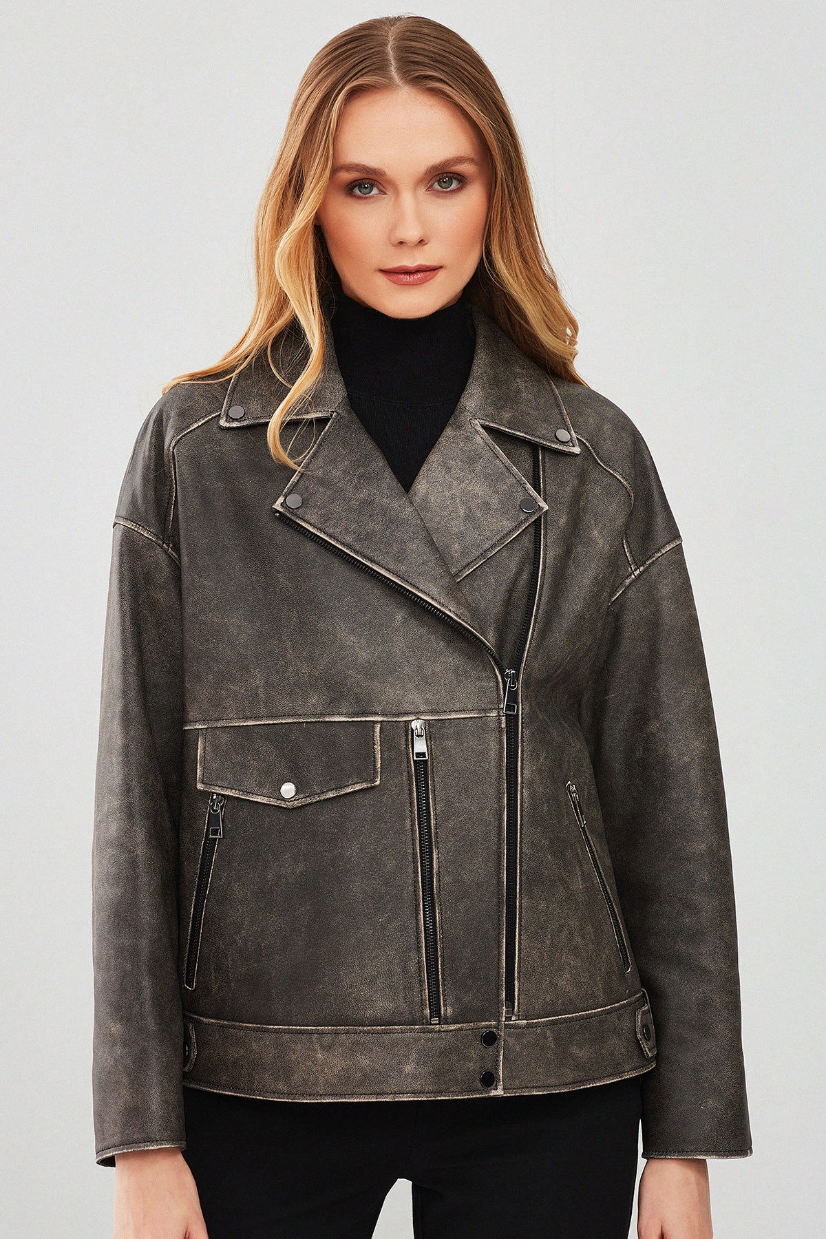Delano Kadın Gri Vintage Oversize Biker Deri Ceket 23WGD5157G6 | Derimod