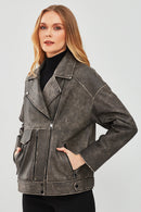Delano Kadın Gri Vintage Oversize Biker Deri Ceket | Derimod