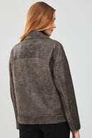 Delano Kadın Gri Vintage Oversize Biker Deri Ceket | Derimod