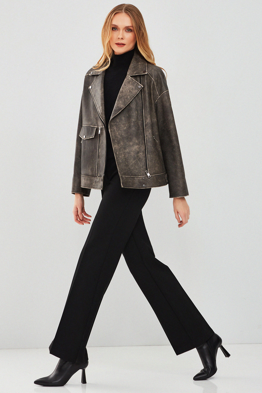 Delano Kadın Gri Vintage Oversize Biker Deri Ceket