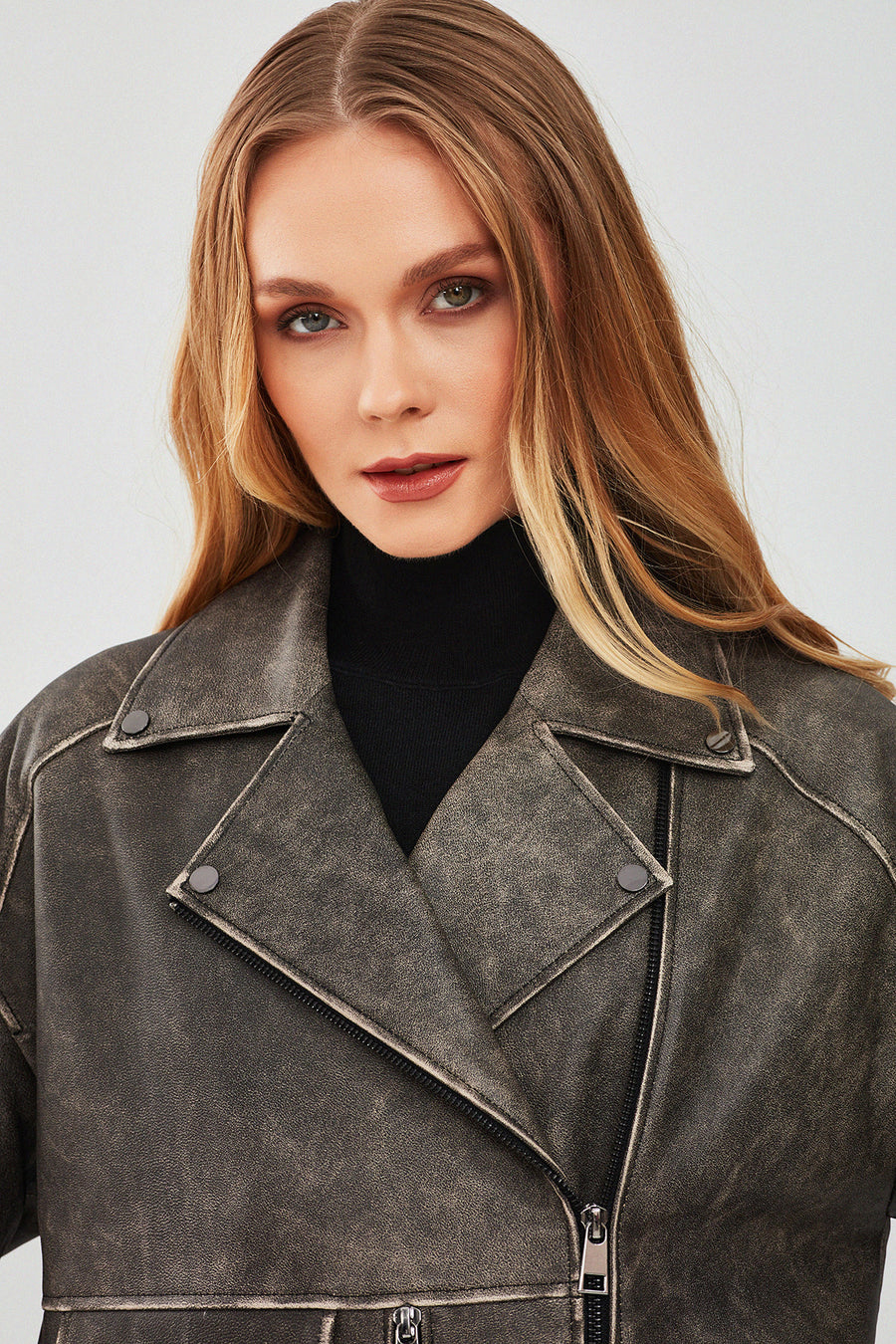 Delano Kadın Gri Vintage Oversize Biker Deri Ceket