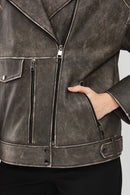 Delano Kadın Gri Vintage Oversize Biker Deri Ceket | Derimod