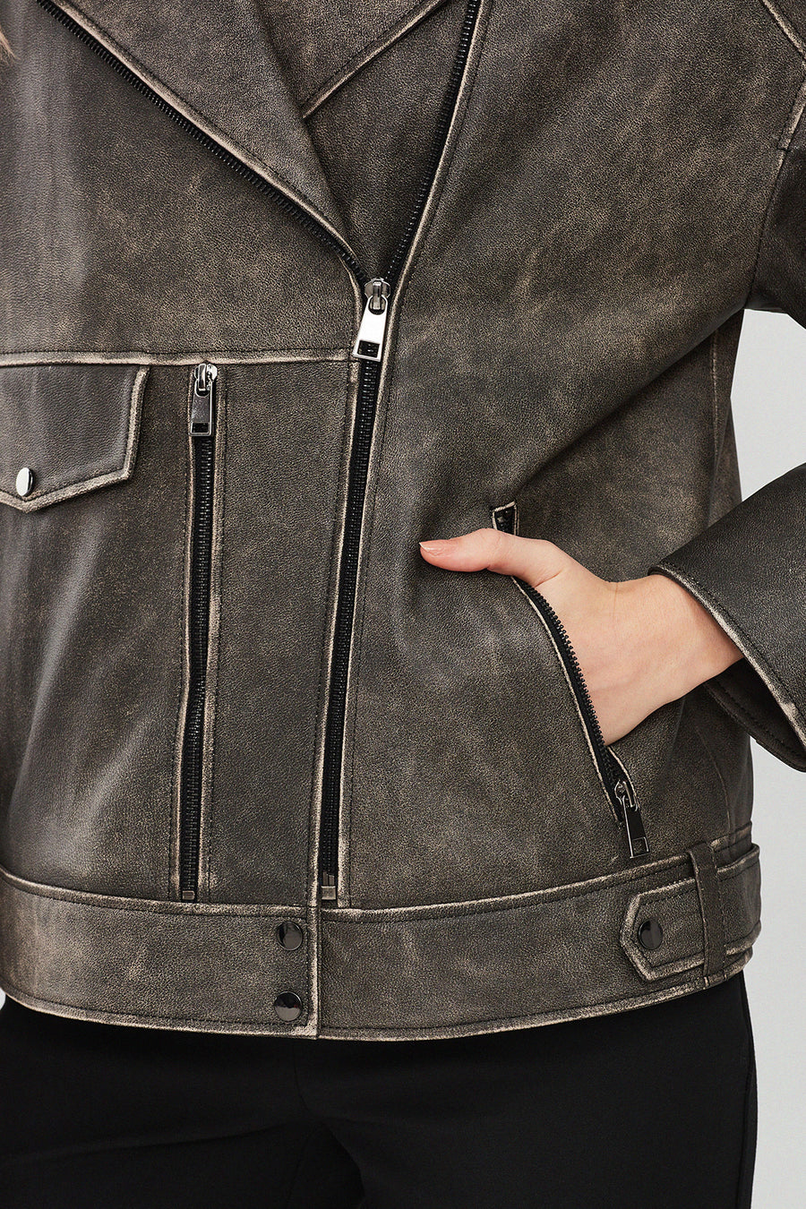 Delano Kadın Gri Vintage Oversize Biker Deri Ceket