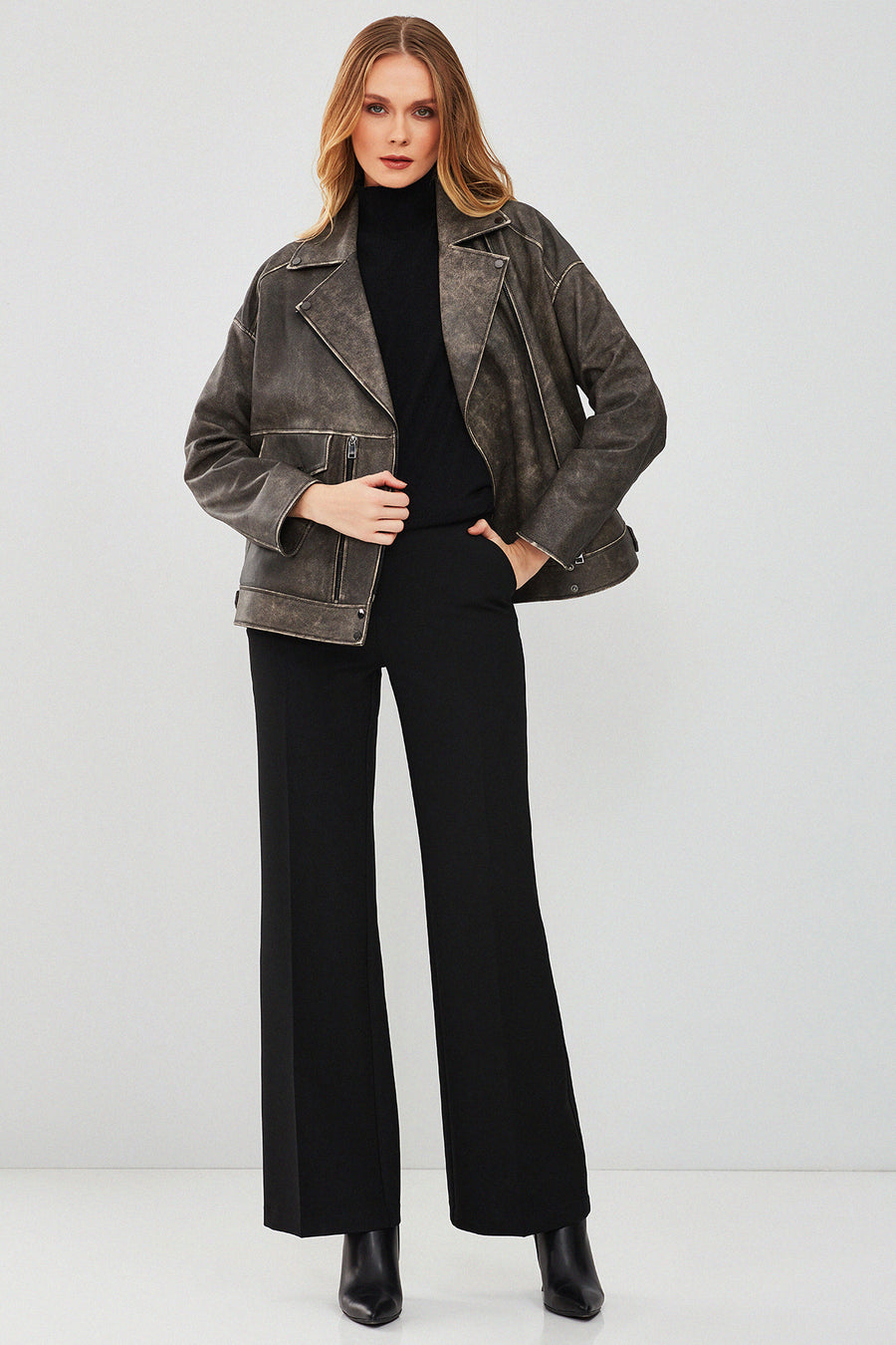 Delano Kadın Gri Vintage Oversize Biker Deri Ceket