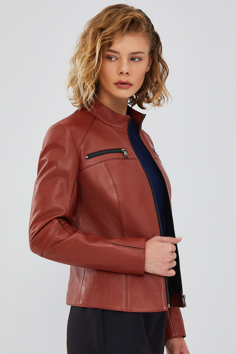 Eva Women's Brown Slim-Fit Short Leather Jacket