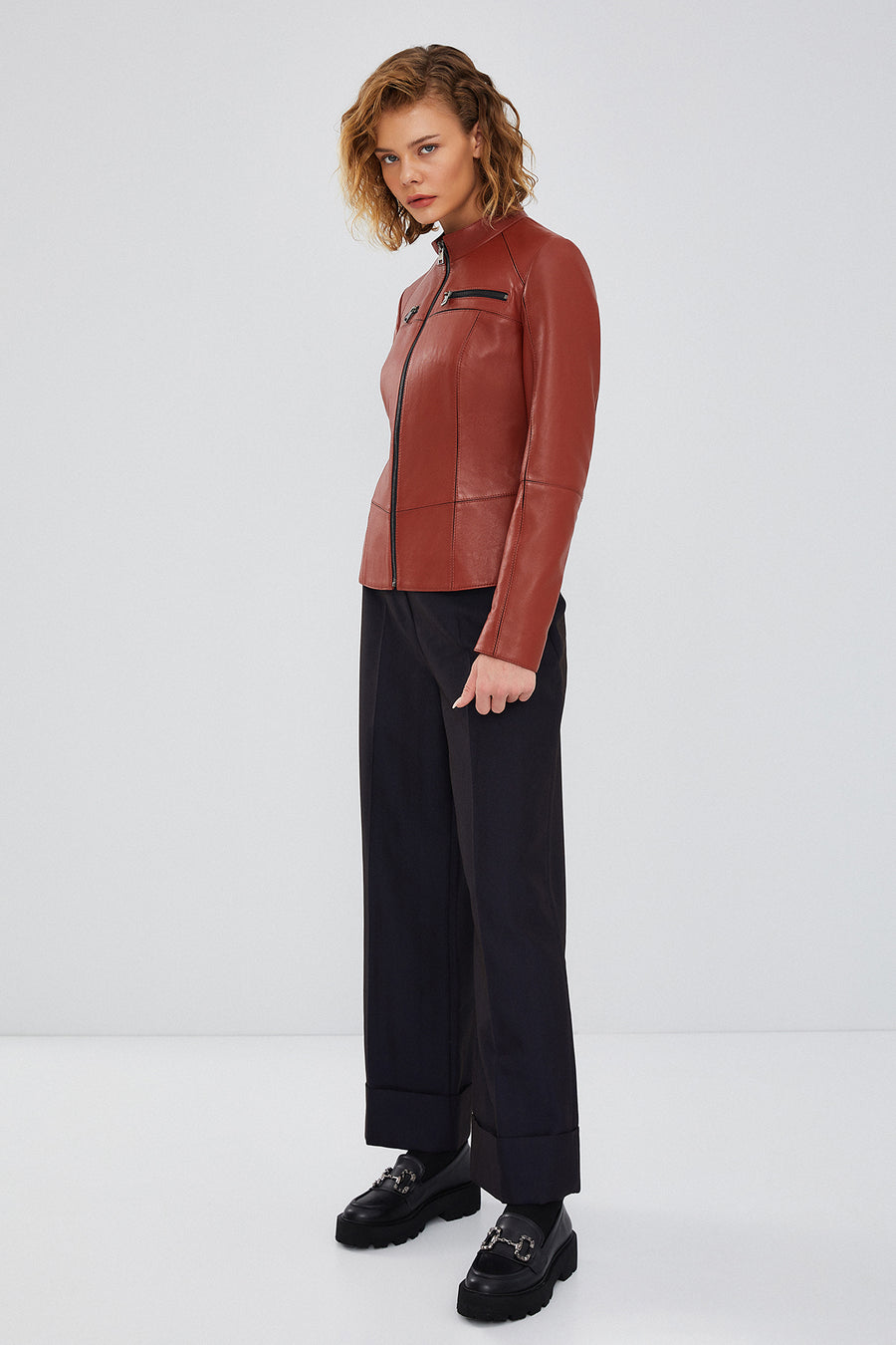 Eva Women's Brown Slim-Fit Short Leather Jacket