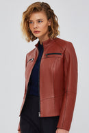 Eva Kadın Kahverengi Slim-Fit Kısa Deri Ceket | Derimod
