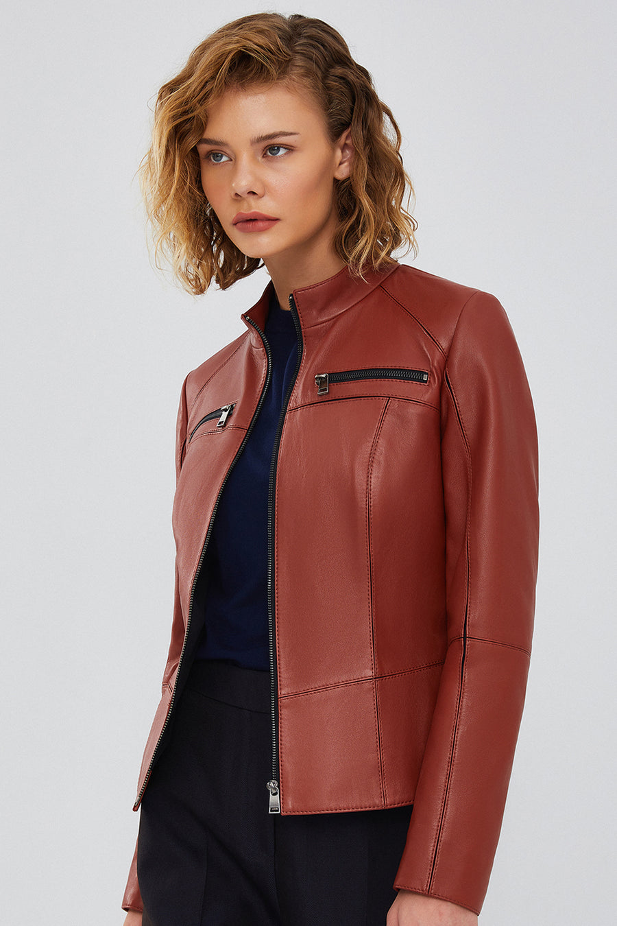 Eva Women's Brown Slim-Fit Short Leather Jacket