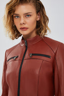 Eva Kadın Kahverengi Slim-Fit Kısa Deri Ceket | Derimod