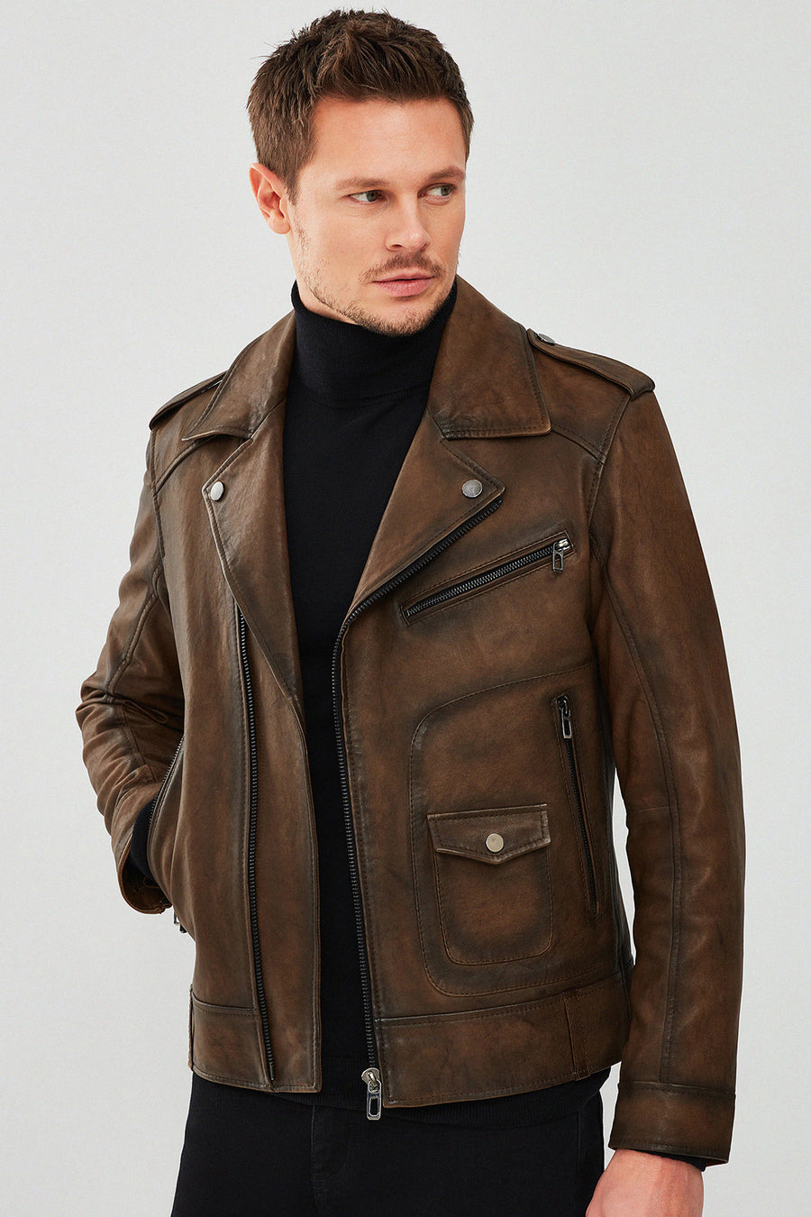 Carter Erkek Kahverengi Biker Deri Mont 23WGD6490M5 | Derimod