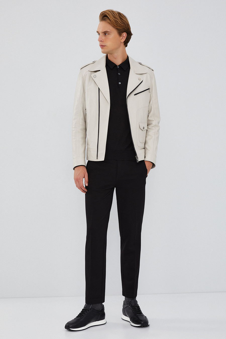 Carter Men's Beige Biker Leather Coat