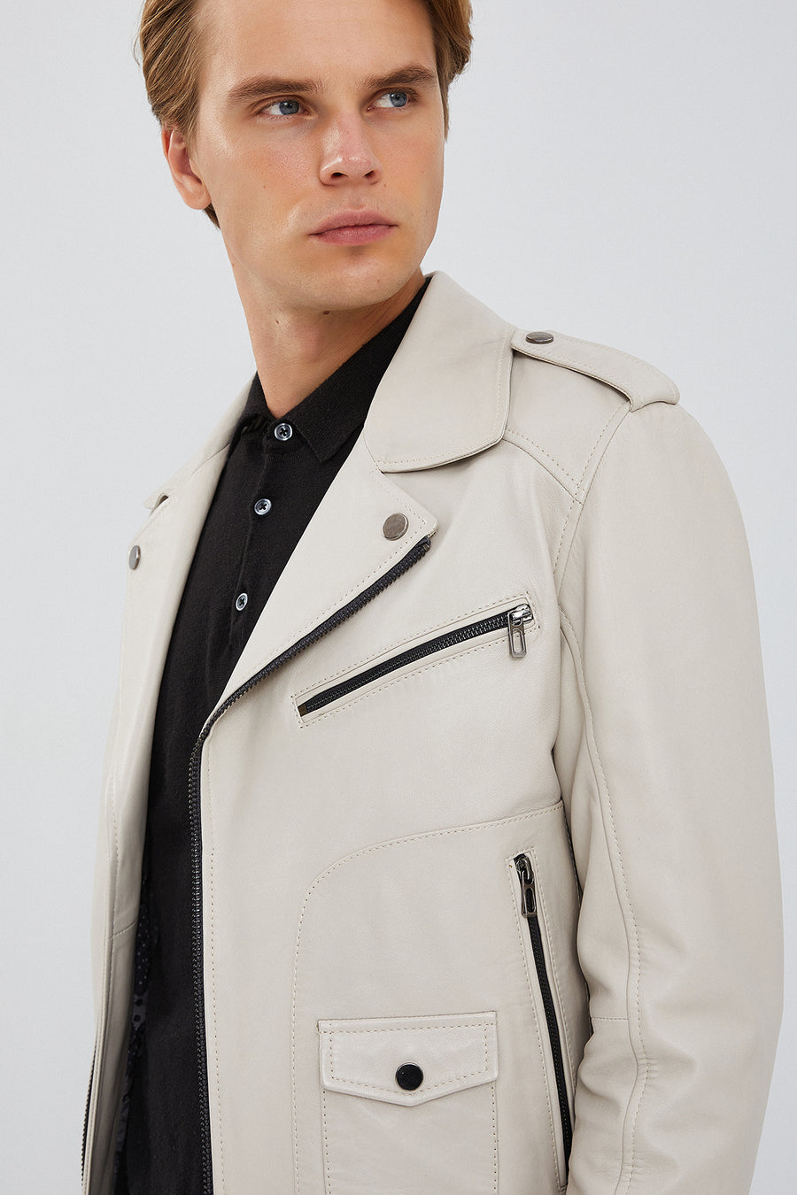 Carter Men's Beige Biker Leather Coat