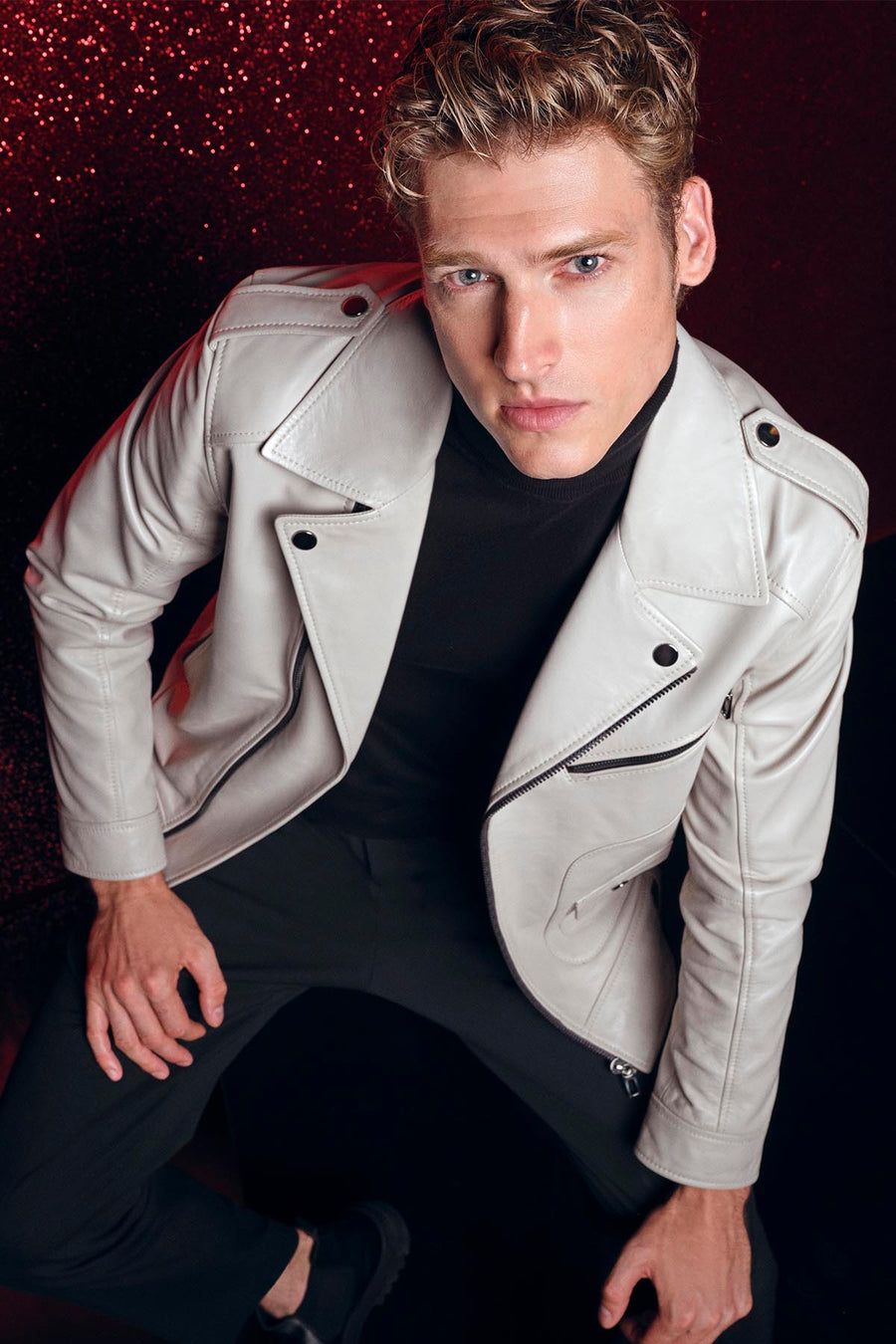 Carter Men's Beige Biker Leather Coat