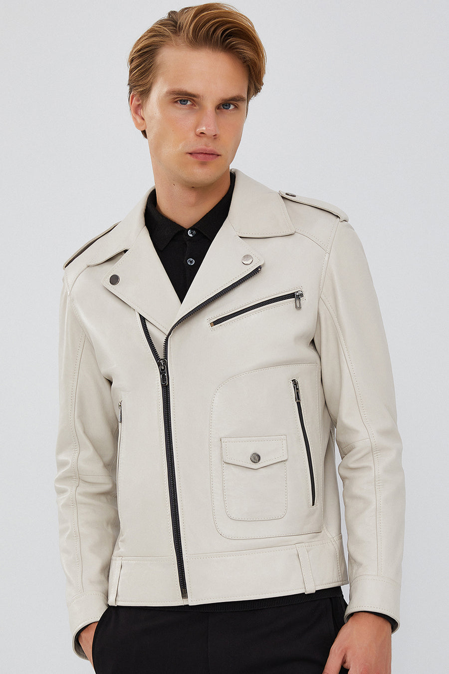 Carter Men's Beige Biker Leather Coat