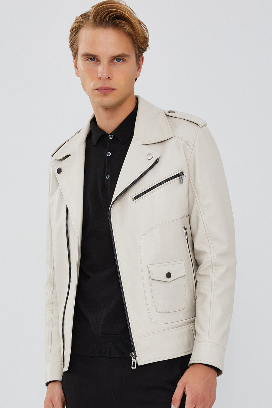 Carter Men's Beige Biker Leather Coat