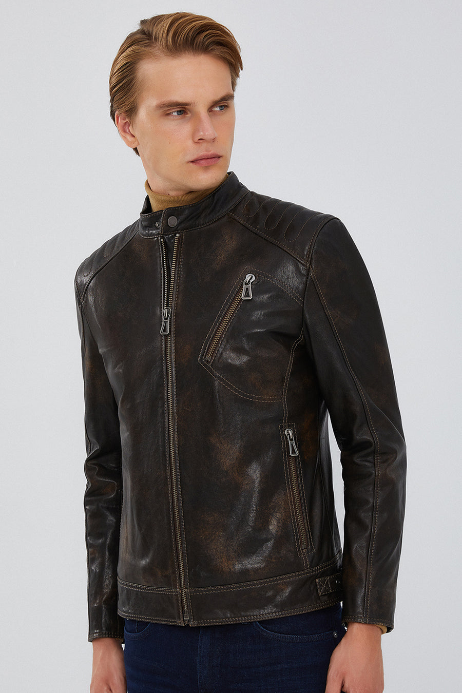 Durant Men's Brown Slim-Fit Vintage Leather Jacket 23WGD6493RD | Derimod