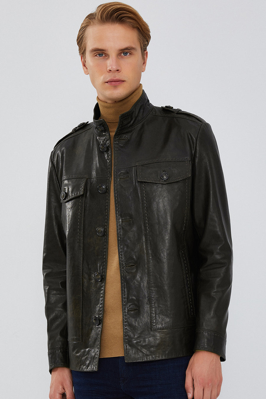 Alvarez Men's Green Vintage Leather Jacket 23WGD6497RD | Derimod