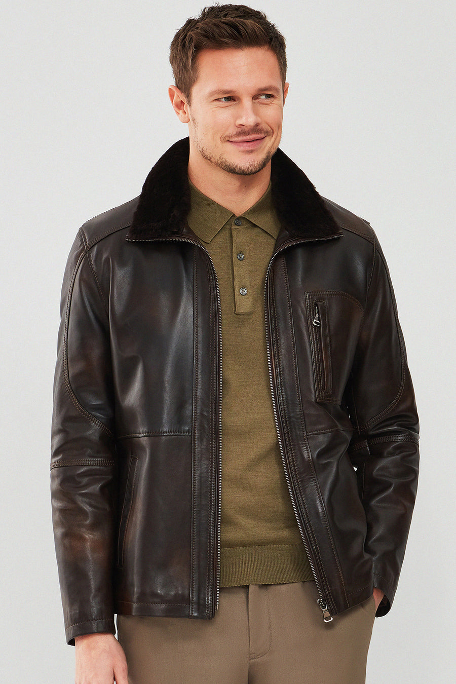 Valverde Men's Brown Fur Collar Vintage Leather Jacket 23WGD65001K | Derimod