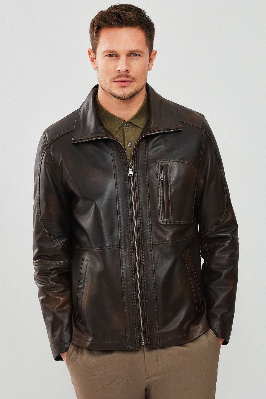 Valverde Men's Brown Fur Collar Vintage Leather Jacket