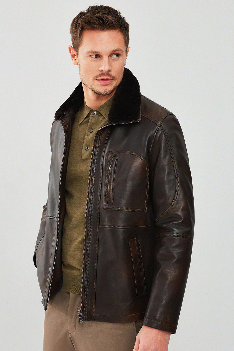 Valverde Men's Brown Fur Collar Vintage Leather Jacket