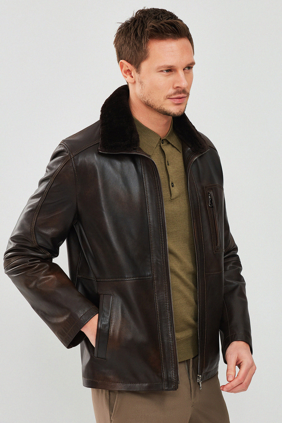 Valverde Men's Brown Fur Collar Vintage Leather Jacket