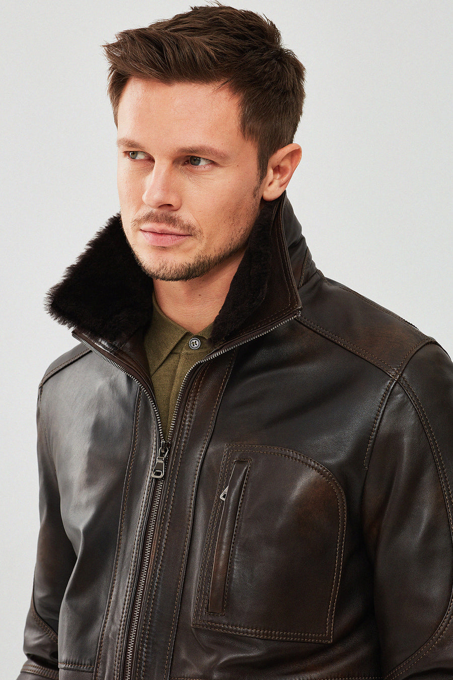 Valverde Men's Brown Fur Collar Vintage Leather Jacket