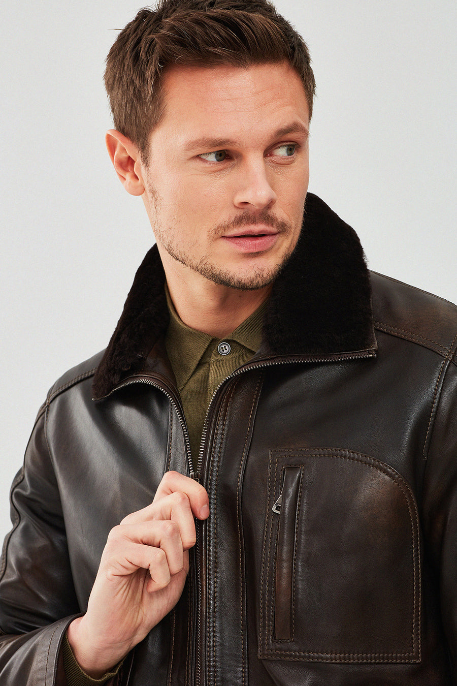Valverde Men's Brown Fur Collar Vintage Leather Jacket
